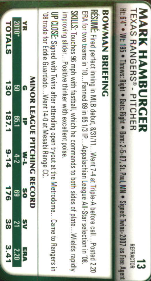 2011 Bowman Chrome Draft Refractors #13 Mark Hamburger back image