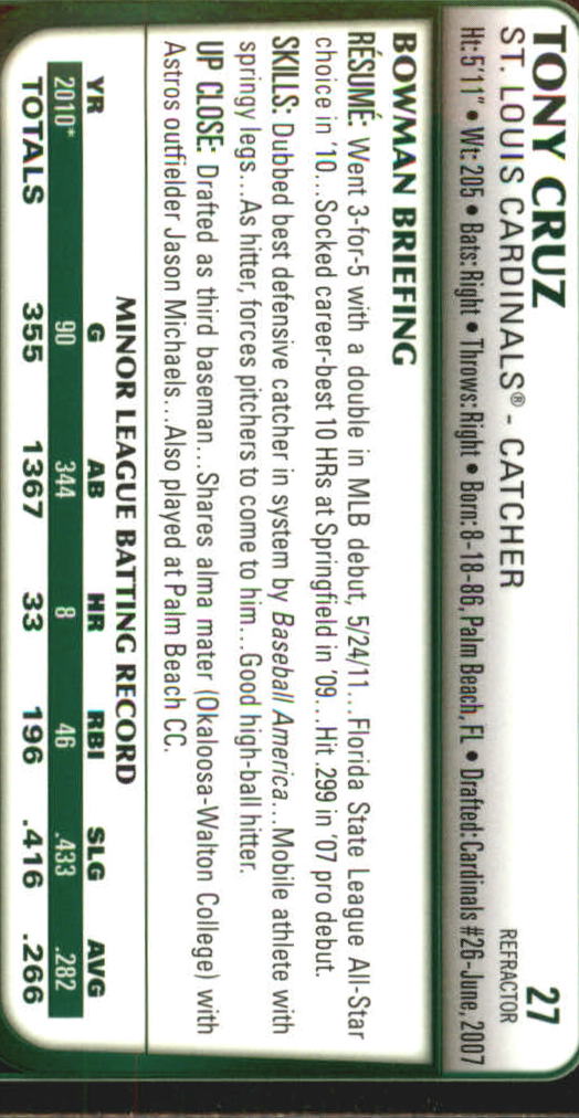 2011 Bowman Chrome Draft Refractors #27 Tony Cruz back image