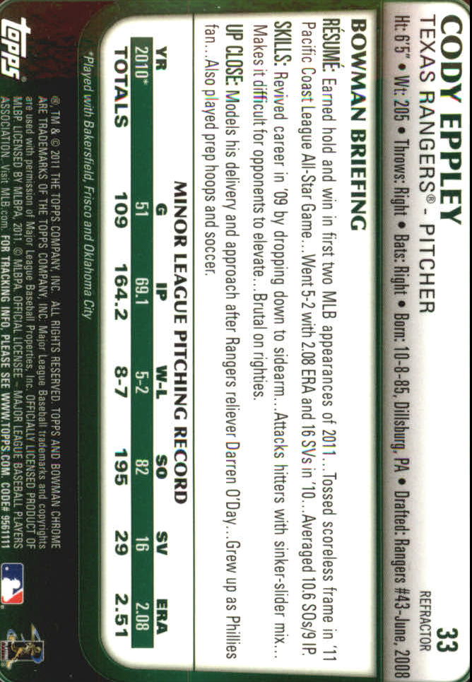 2011 Bowman Chrome Draft Refractors #33 Cody Eppley back image