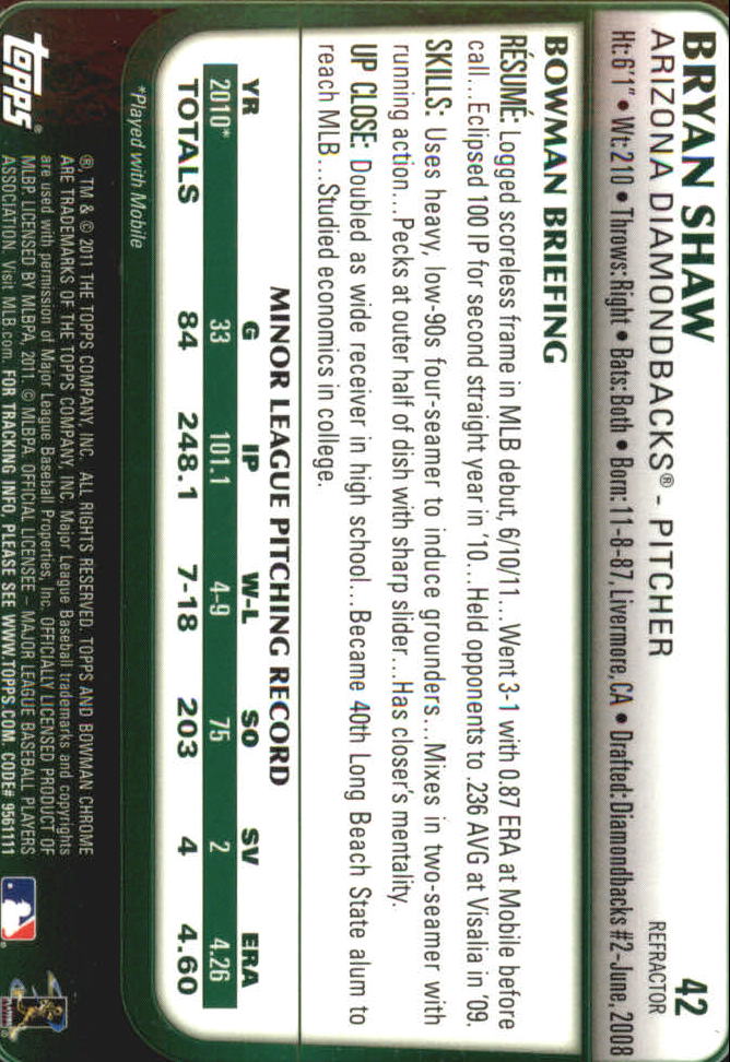 2011 Bowman Chrome Draft Refractors #42 Bryan Shaw back image