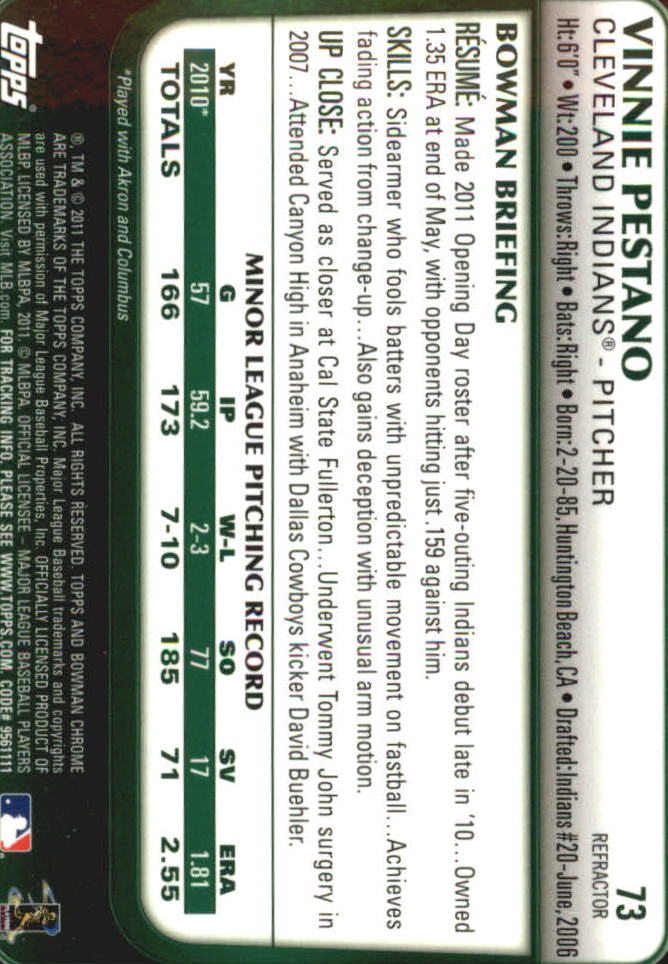2011 Bowman Chrome Draft Refractors #73 Vinnie Pestano back image