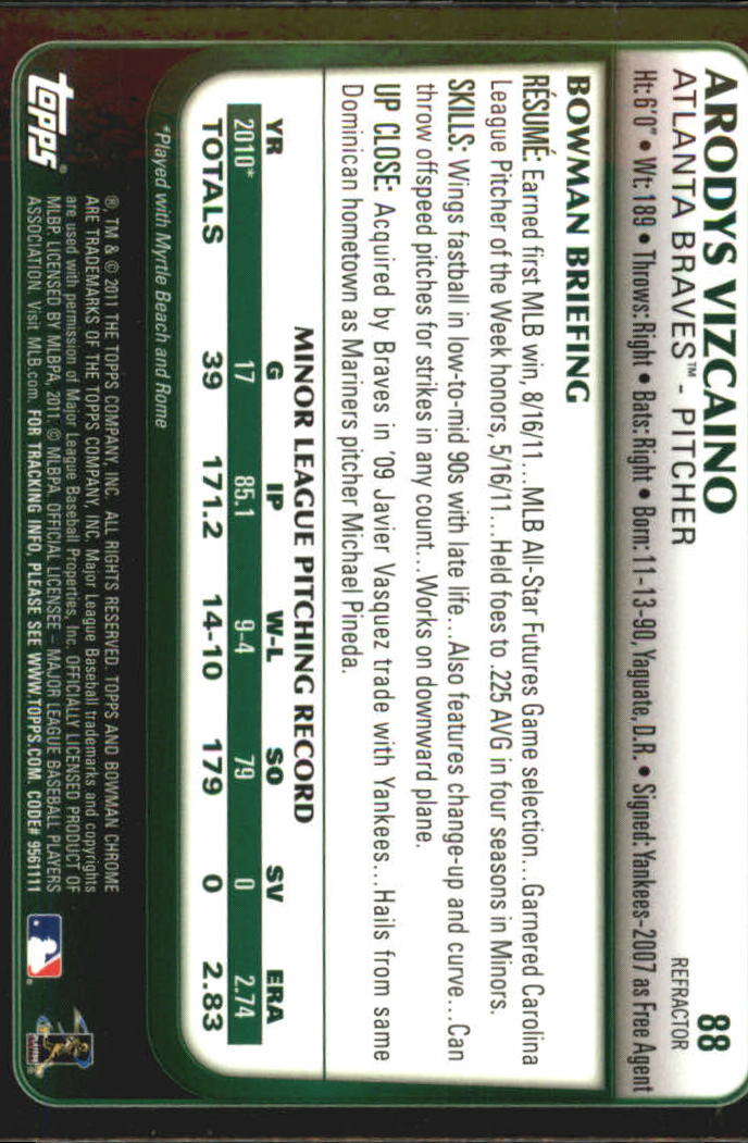 2011 Bowman Chrome Draft Refractors #88 Arodys Vizcaino back image