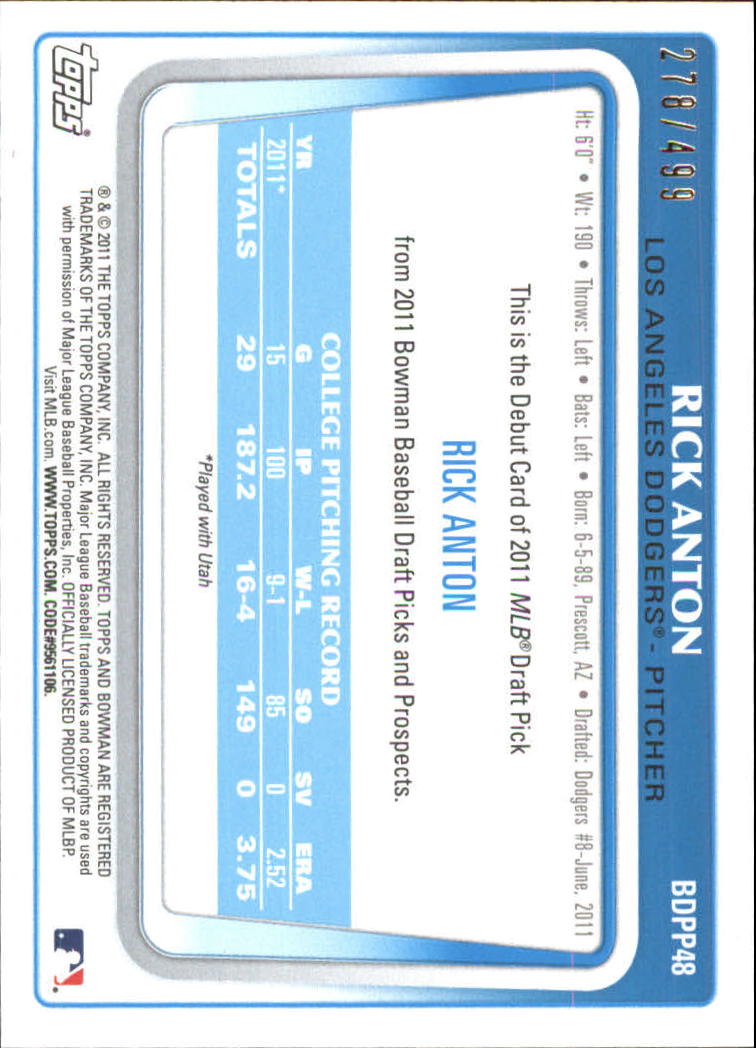 2011 Bowman Draft Prospects Blue #BDPP48 Rick Anton back image