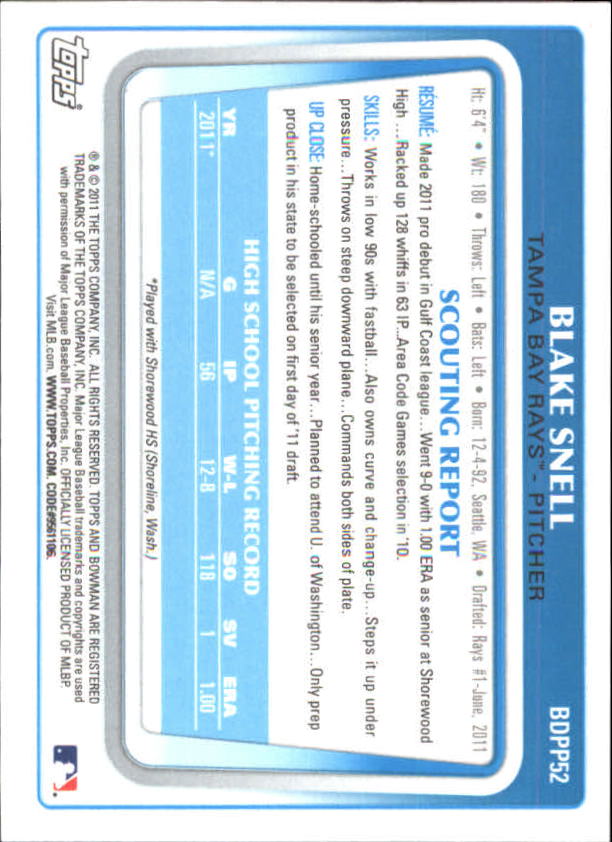 2011 Bowman Draft Prospects Gold #BDPP52 Blake Snell back image