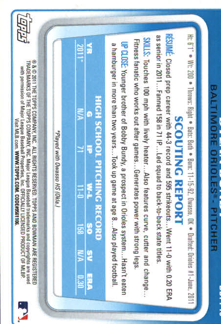 2011 Bowman Chrome Draft Prospects #BDPP18 Dylan Bundy back image