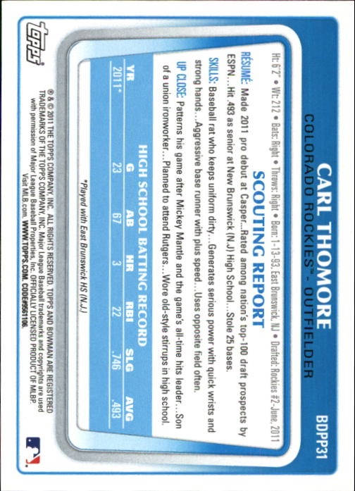 2011 Bowman Chrome Draft Prospects #BDPP31 Carl Thomore back image