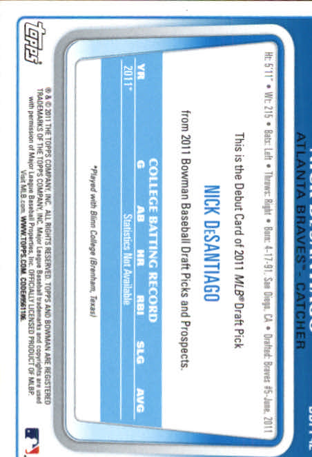 2011 Bowman Chrome Draft Prospects #BDPP42 Nick DeSantiago back image