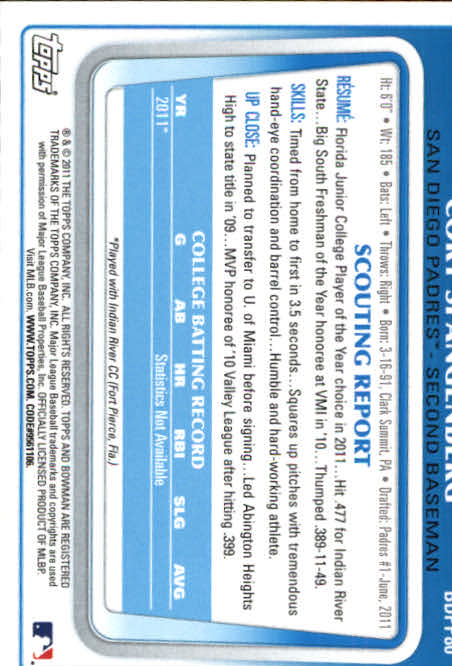 2011 Bowman Chrome Draft Prospects #BDPP80 Cory Spangenberg back image