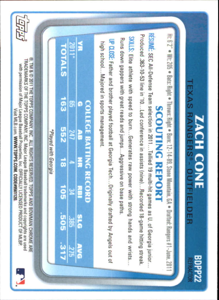 2011 Bowman Chrome Draft Prospects Refractors #BDPP22 Zach Cone back image