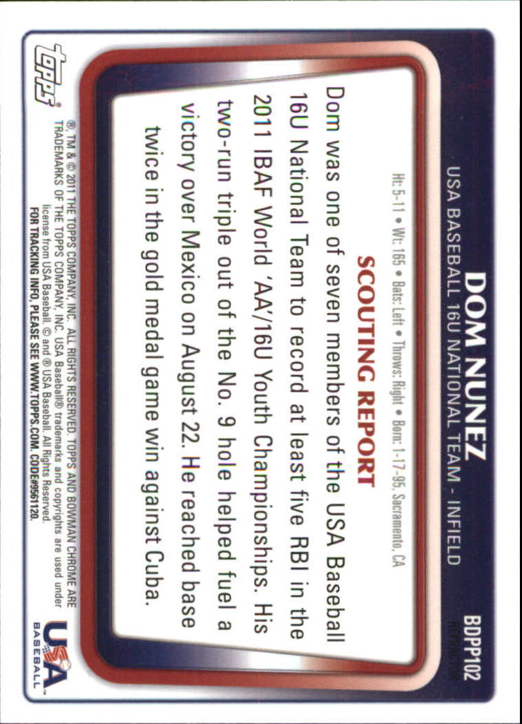 2011 Bowman Chrome Draft Prospects Refractors #BDPP102 Dom Nunez back image
