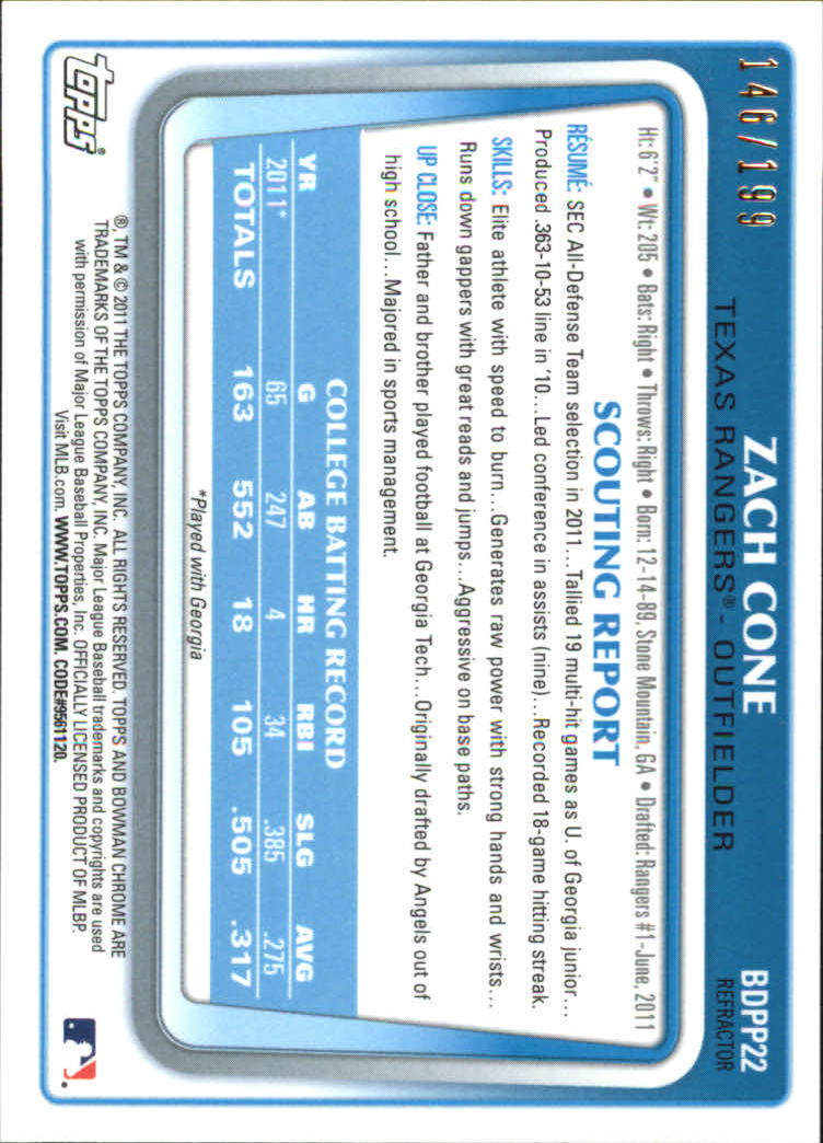 2011 Bowman Chrome Draft Prospects Blue Refractors #BDPP22 Zach Cone back image