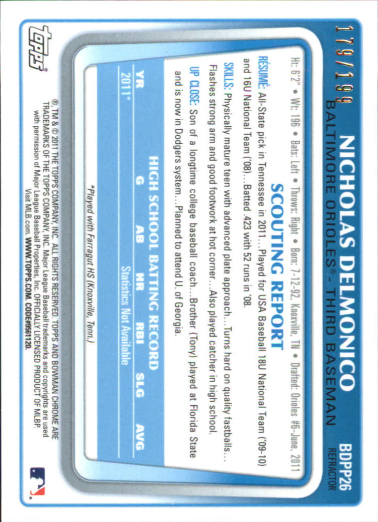 2011 Bowman Chrome Draft Prospects Blue Refractors #BDPP26 Nicholas Delmonico back image