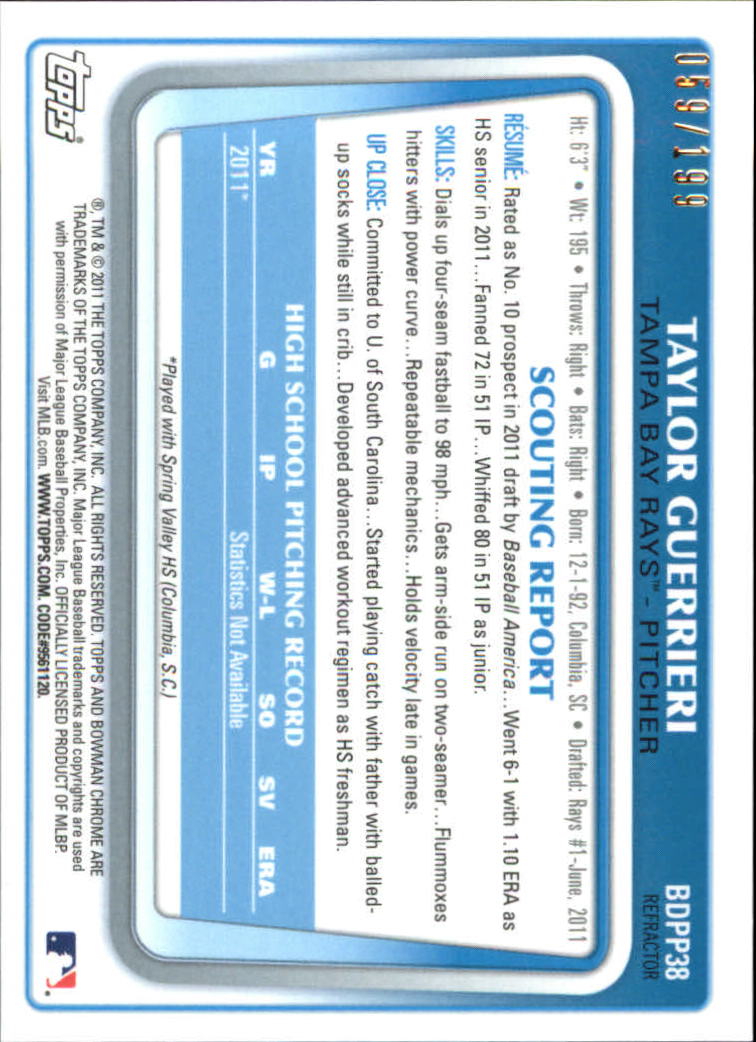 2011 Bowman Chrome Draft Prospects Blue Refractors #BDPP38 Taylor Guerrieri back image