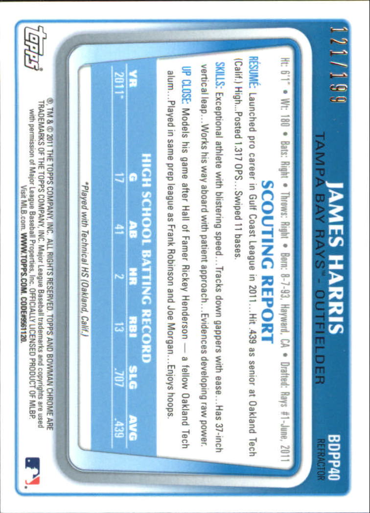 2011 Bowman Chrome Draft Prospects Blue Refractors #BDPP40 James Harris back image