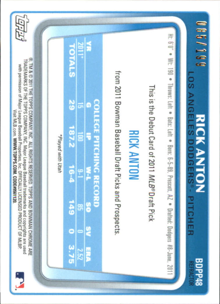 2011 Bowman Chrome Draft Prospects Blue Refractors #BDPP48 Rick Anton back image