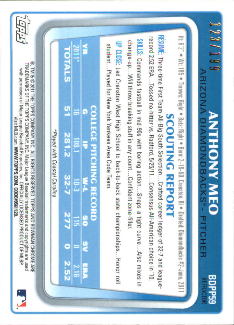 2011 Bowman Chrome Draft Prospects Blue Refractors #BDPP59 Anthony Meo back image