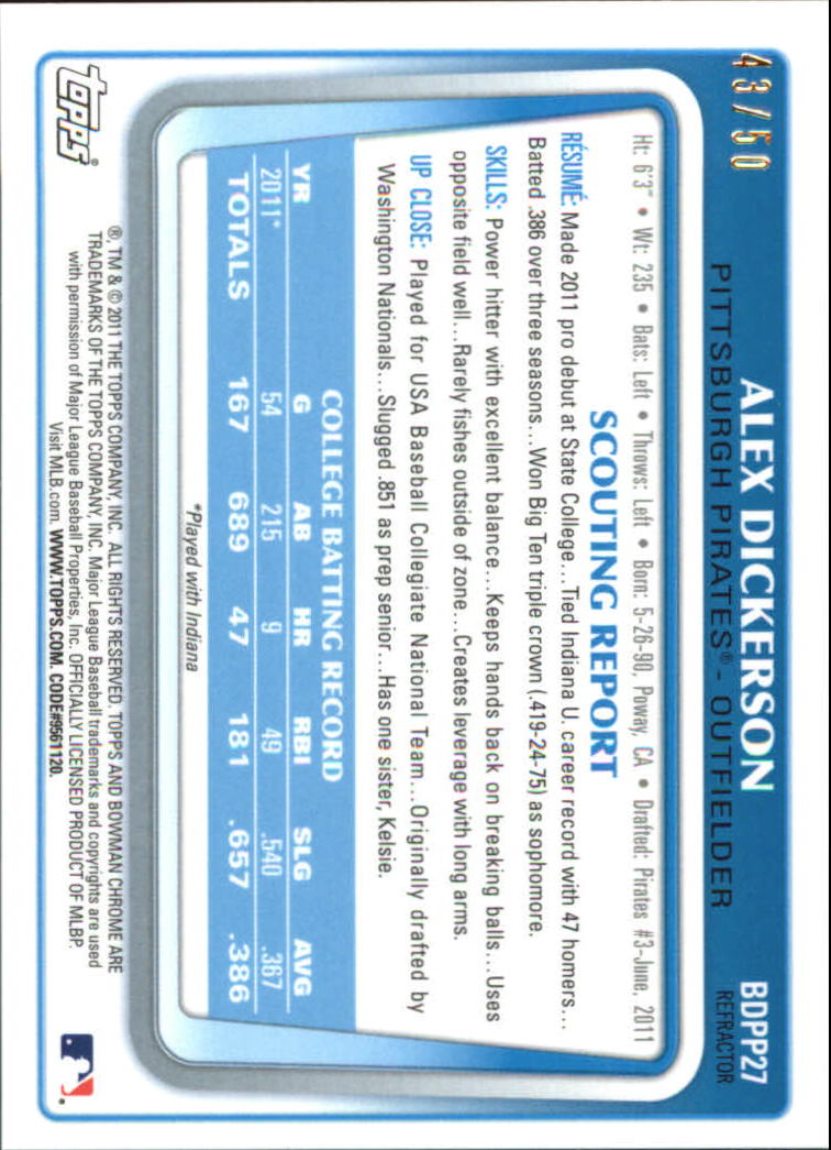 2011 Bowman Chrome Draft Prospects Gold Refractors #BDPP27 Alex Dickerson back image