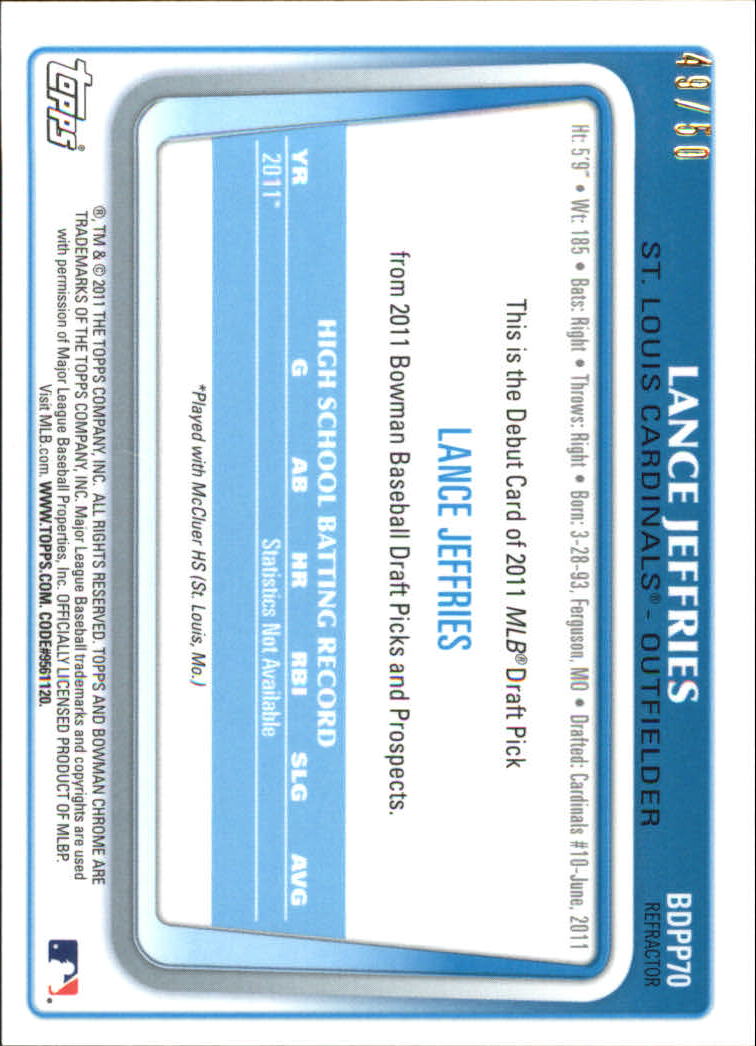 2011 Bowman Chrome Draft Prospects Gold Refractors #BDPP70 Lance Jeffries