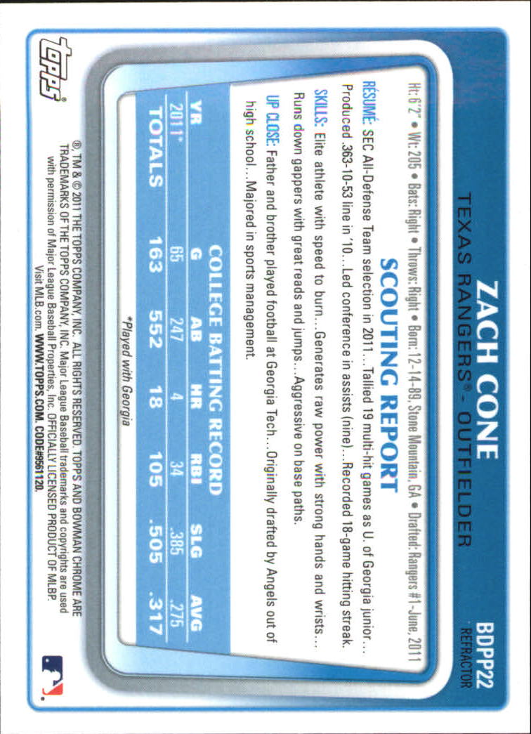 2011 Bowman Chrome Draft Prospects Purple Refractors #BDPP22 Zach Cone
