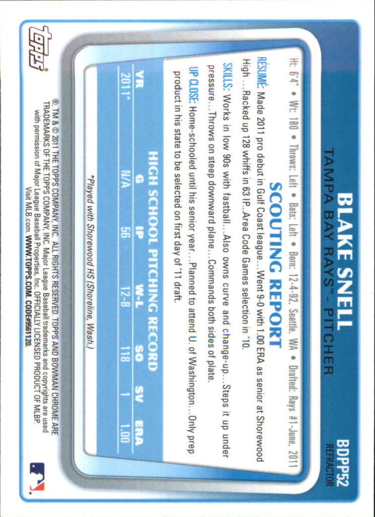 2011 Bowman Chrome Draft Prospects Purple Refractors #BDPP52 Blake Snell back image