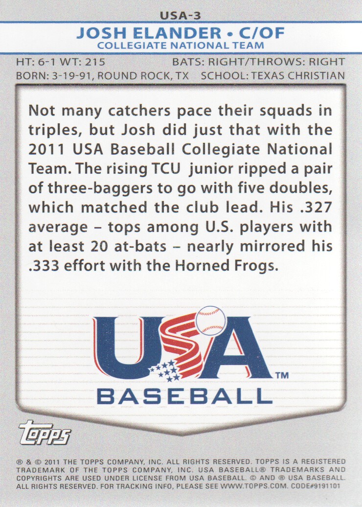 2011 USA Baseball #USA3 Josh Elander back image