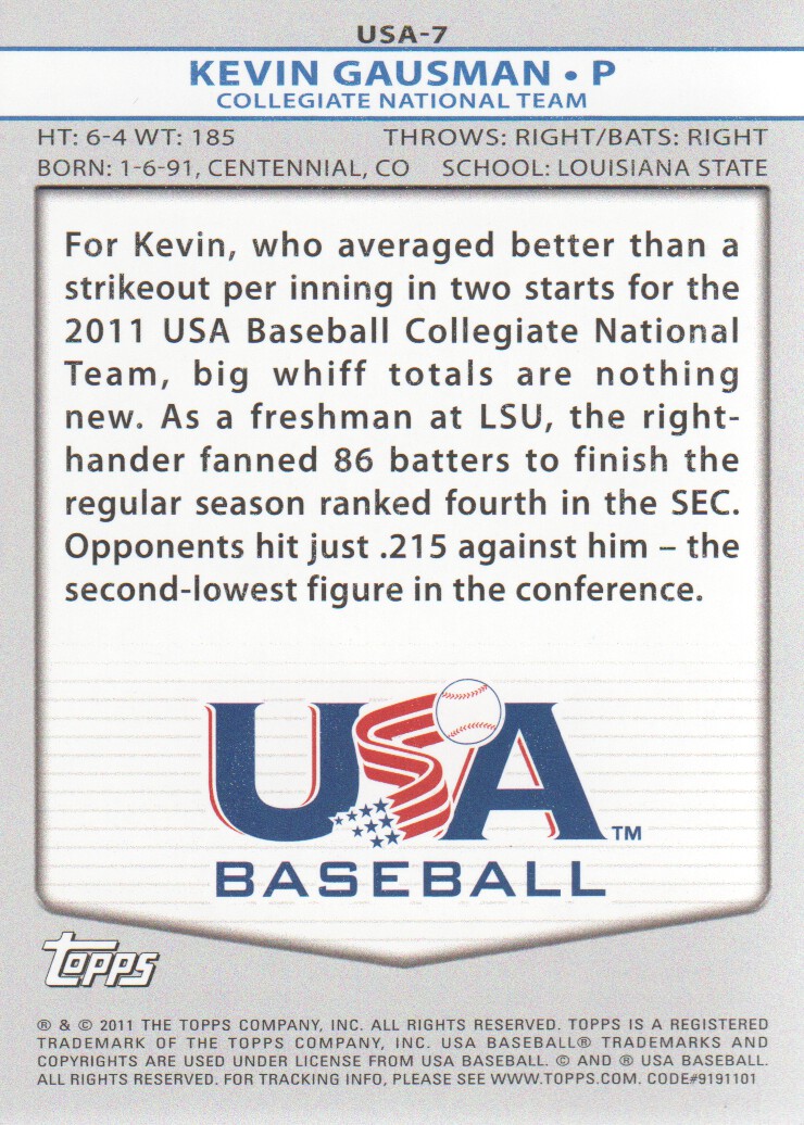 2011 USA Baseball #USA7 Kevin Gausman back image