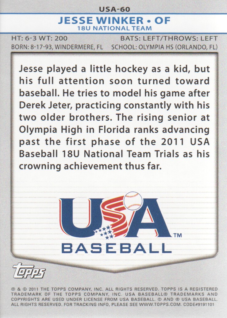 2011 USA Baseball #USA60 Jesse Winker back image
