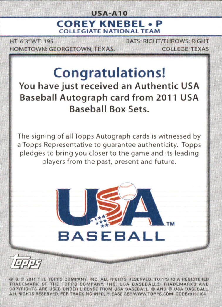 2011 USA Baseball Autographs #A10 Corey Knebel back image