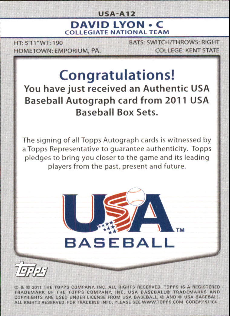 2011 USA Baseball Autographs #A12 David Lyon back image