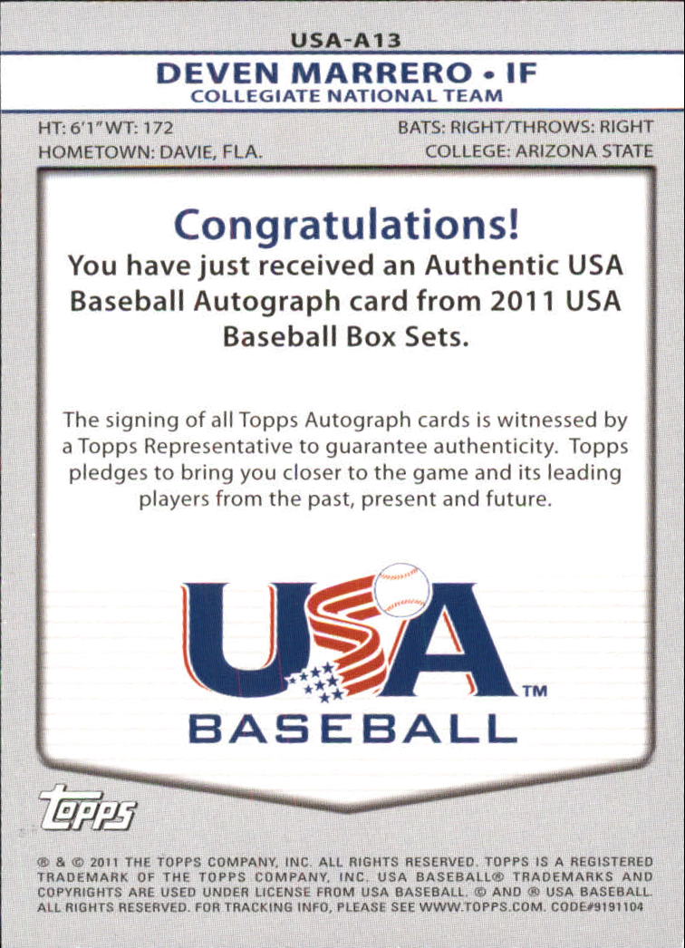 2011 USA Baseball Autographs #A13 Deven Marrero back image