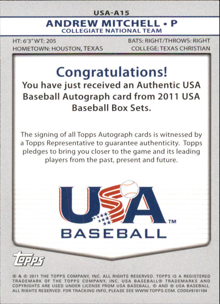 2011 USA Baseball Autographs #A15 Andrew Mitchell back image