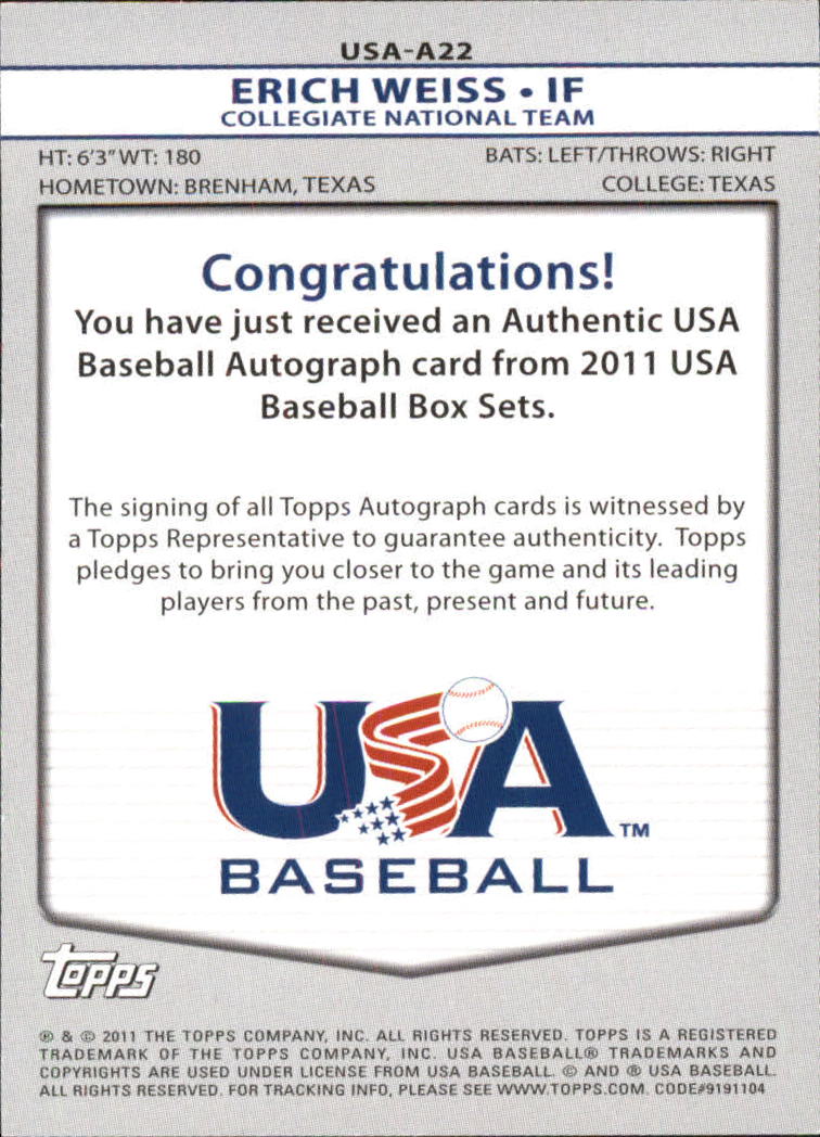 2011 USA Baseball Autographs #A22 Erich Weiss back image