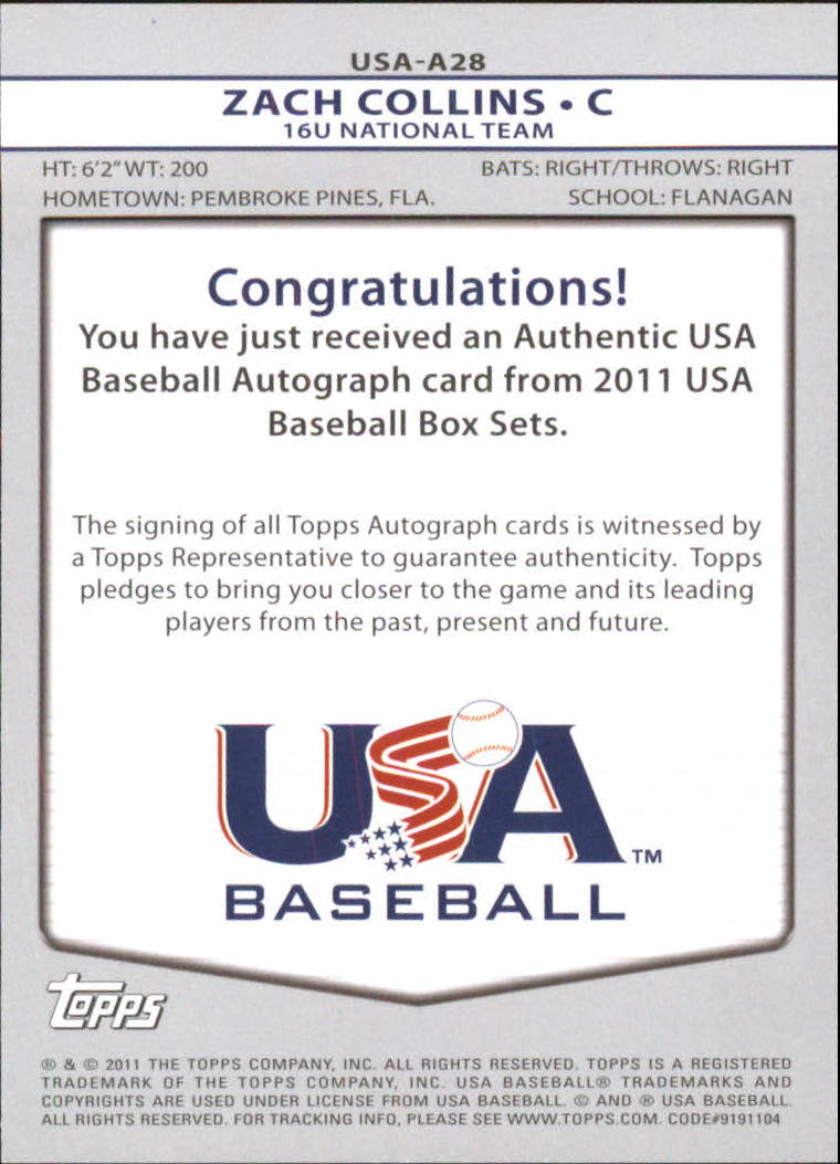2011 USA Baseball Autographs #A28 Zack Collins back image