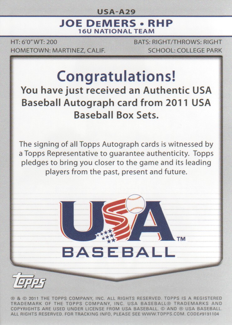 2011 USA Baseball Autographs #A29 Joe DeMers back image