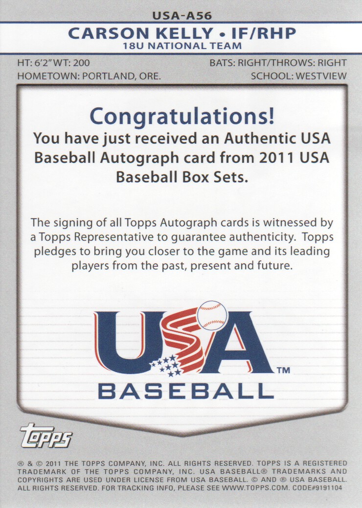 2011 USA Baseball Autographs #A56 Carson Kelly back image