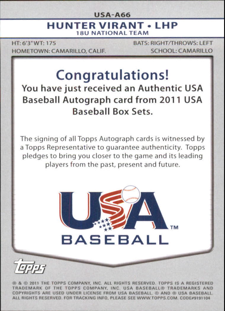 2011 USA Baseball Autographs #A66 Hunter Virant back image