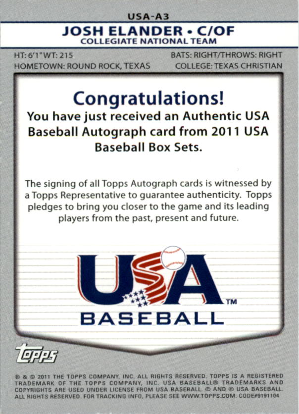 2011 USA Baseball Autographs Red #A3 Josh Elander back image