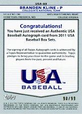 2011 USA Baseball Autographs Red #A9 Branden Kline back image