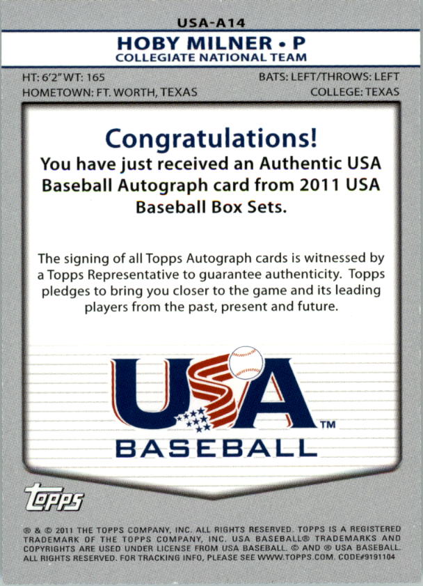 2011 USA Baseball Autographs Red #A14 Hoby Milner back image