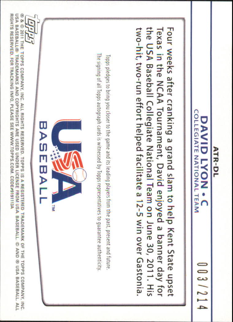 2011 USA Baseball Triple Jersey Autographs #DL David Lyon/214 back image