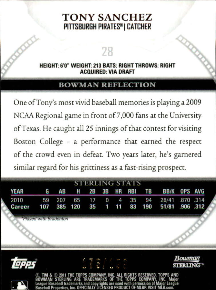 2011 Bowman Sterling Prospects Refractors #28 Tony Sanchez back image