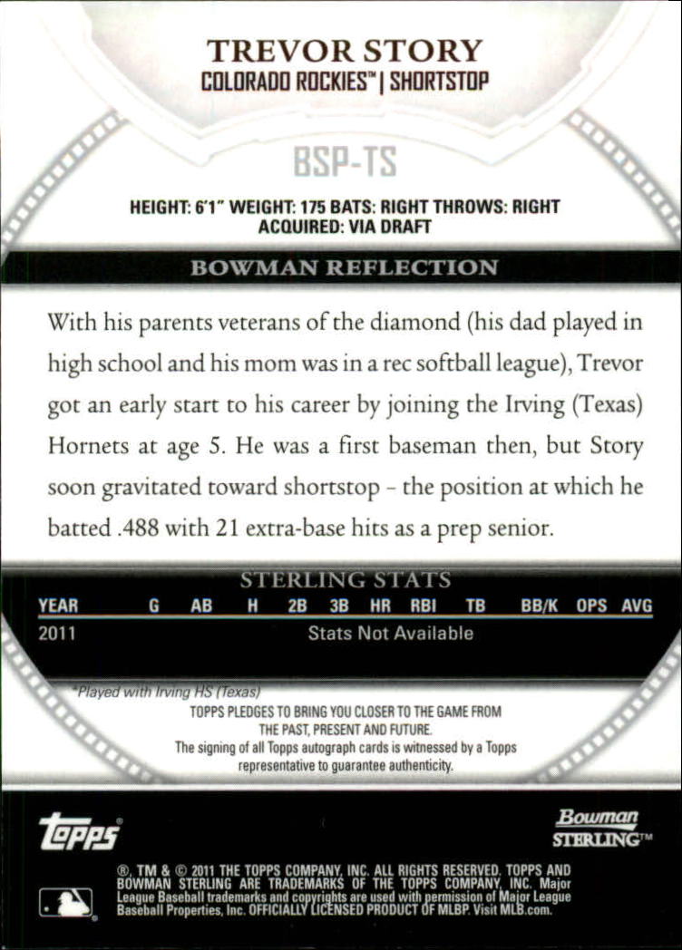 2011 Bowman Sterling Prospect Autographs #TS Trevor Story back image