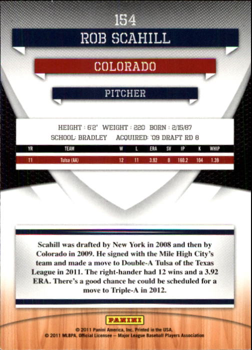 2011 Donruss Elite Extra Edition Prospects #154 Rob Scahill back image