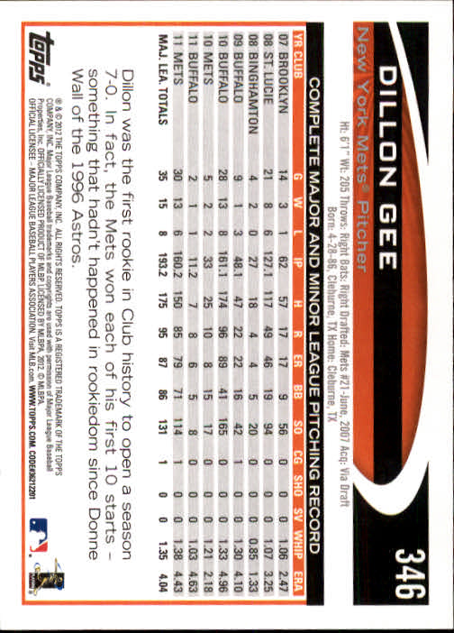 2012 Topps #346 Dillon Gee back image
