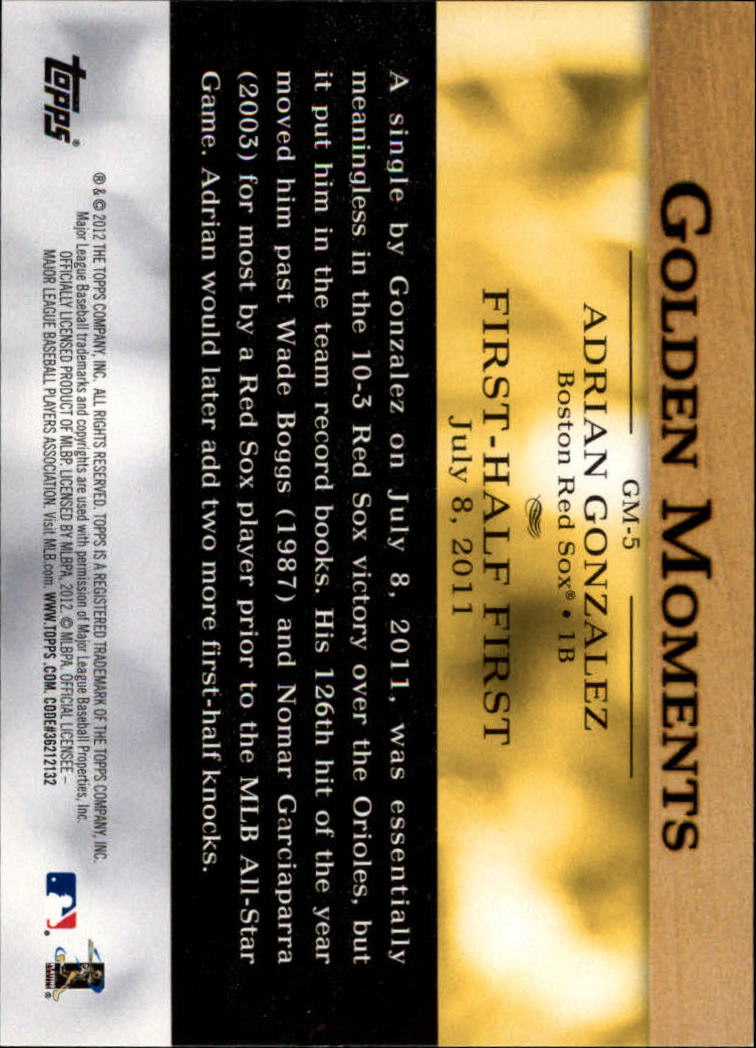 2012 Topps Golden Moments #GM5 Adrian Gonzalez back image