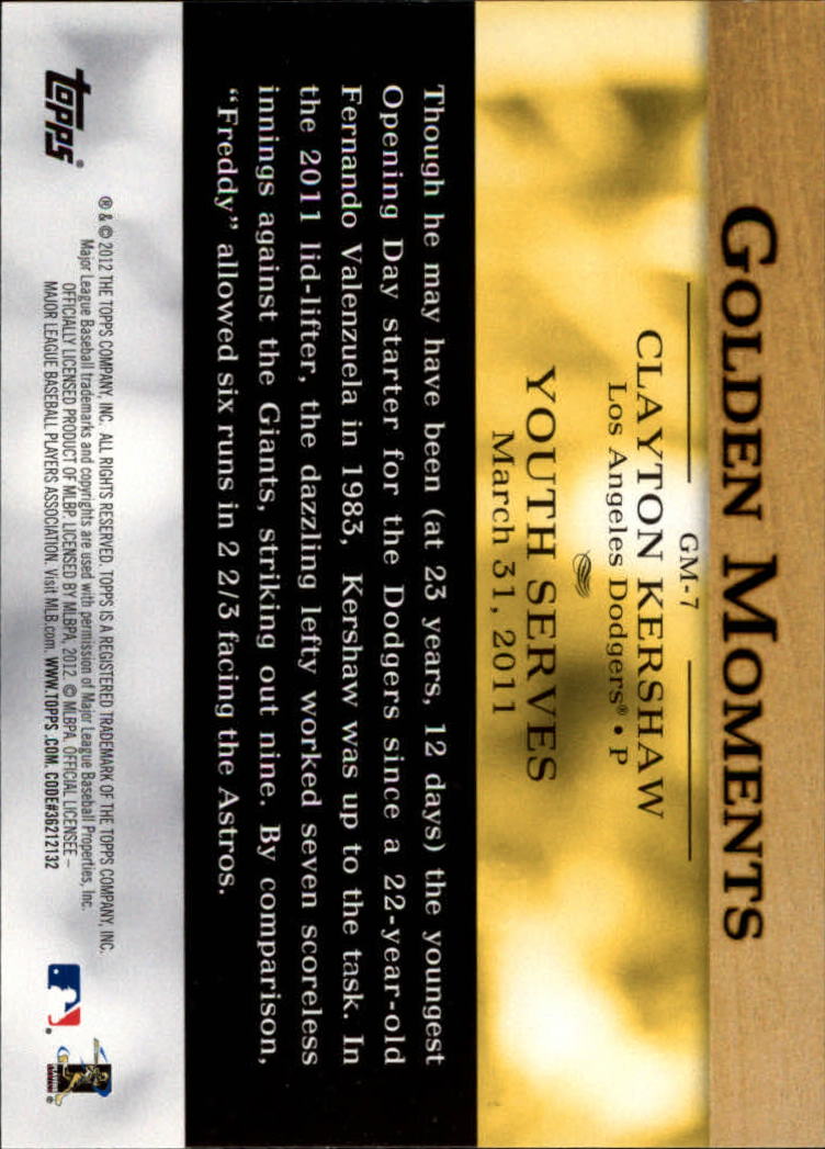 2012 Topps Golden Moments #GM7 Clayton Kershaw back image