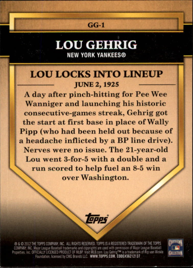 2012 Topps Golden Greats #GG1 Lou Gehrig back image