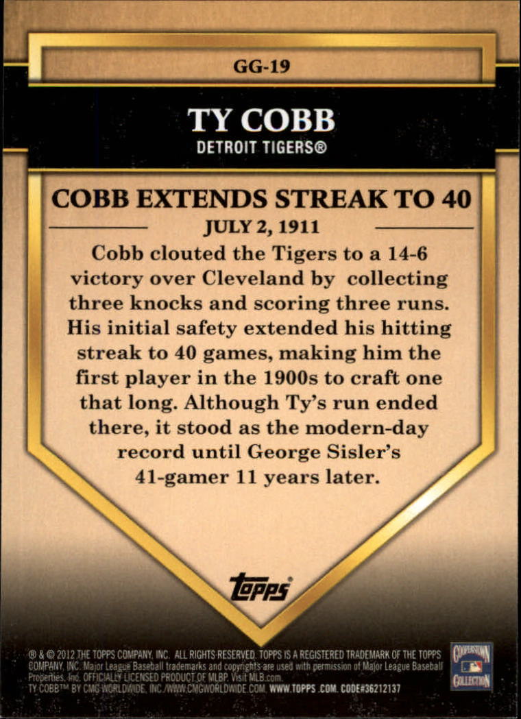 2012 Topps Golden Greats #GG19 Ty Cobb back image