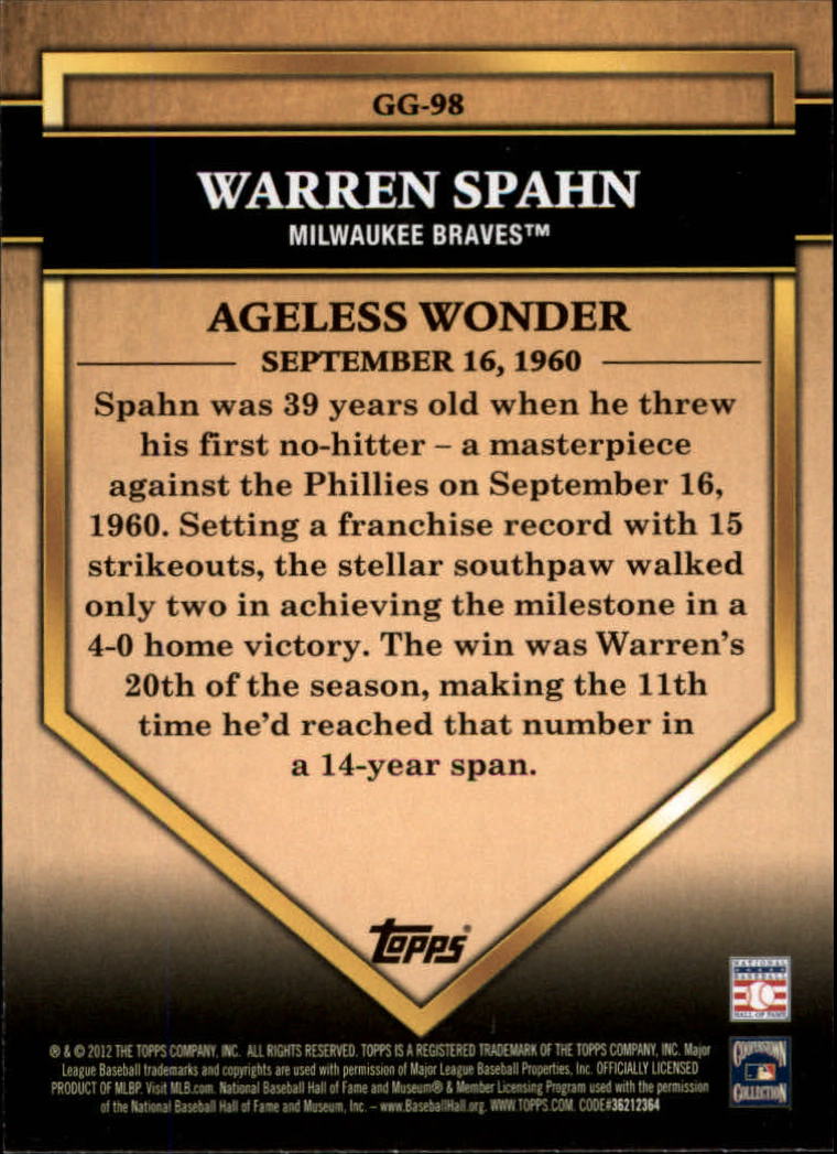 2012 Topps Golden Greats #GG98 Warren Spahn back image