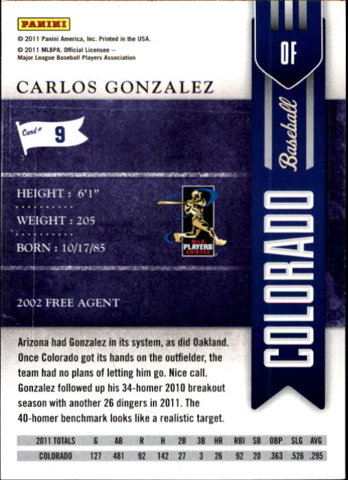 2011 Playoff Contenders #9 Carlos Gonzalez back image